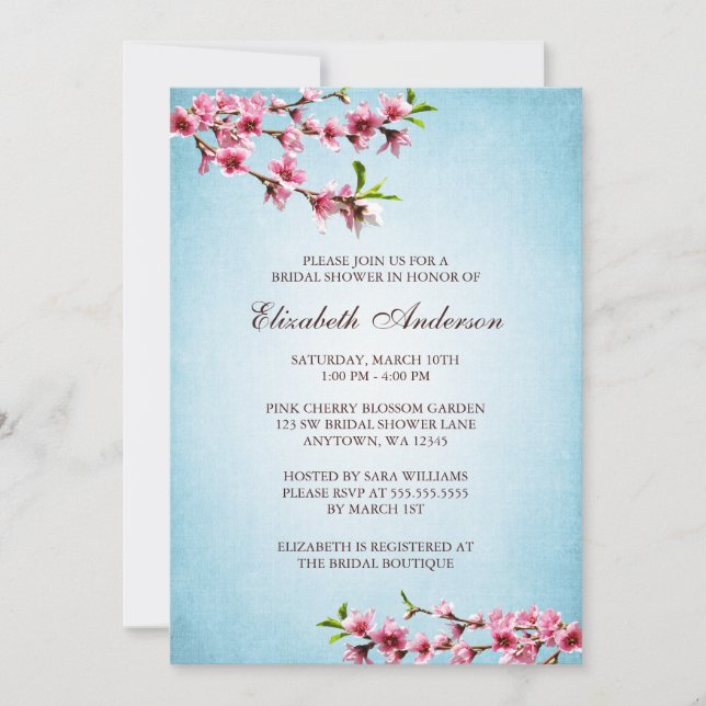 Pink Cherry Blossoms Vintage Blue Bridal Shower Invitation (Front)