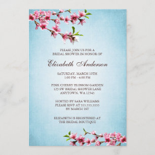 Pink Cherry Blossoms Vintage Blue Bridal Shower Invitation