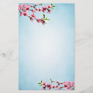 Pink Cherry Blossoms Vintage Blue Stationery