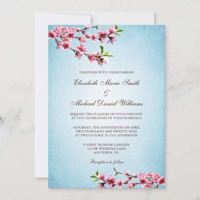Pink Cherry Blossoms Vintage Blue Wedding Invitation (Front)