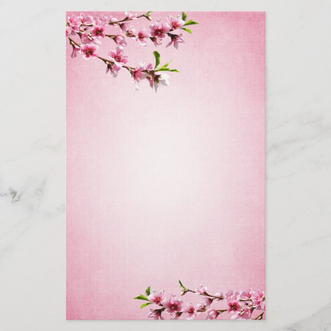 Pink Cherry Blossoms Vintage Pink Stationery (Front)