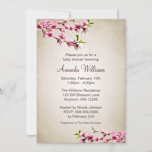 Pink Cherry Blossoms Vintage Tan Baby Shower Invitation (Front)