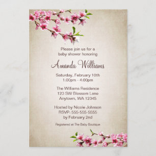 Pink Cherry Blossoms Vintage Tan Baby Shower Invitation