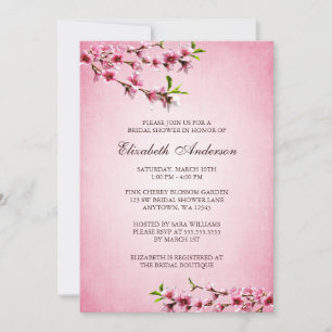 Pink Cherry Blossoms Vintage Tan Bridal Shower Invitation