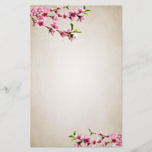 Pink Cherry Blossoms Vintage Tan Stationery