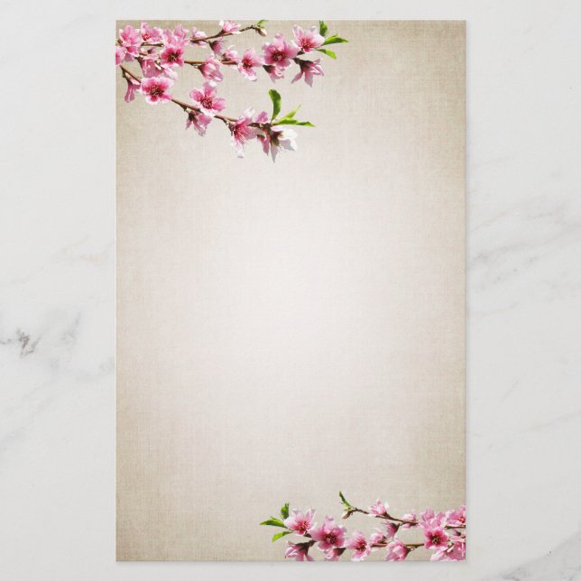Pink Cherry Blossoms Vintage Tan Stationery (Front)