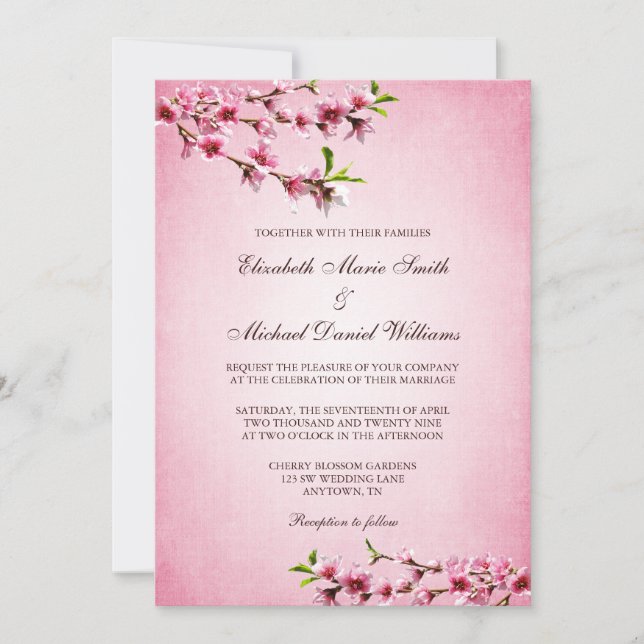 Pink Cherry Blossoms Vintage Wedding Invitation (Front)