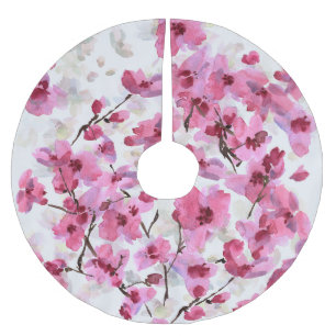 Pink Cherry Blossoms Watercolor Seamless. Brushed Polyester Tree Skirt