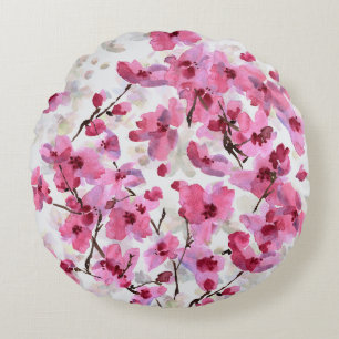 Pink Cherry Blossoms Watercolor Seamless. Round Cushion