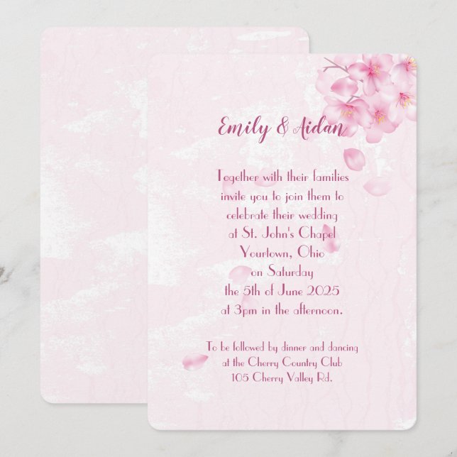 pink cherry blossoms wedding invitation (Front/Back)