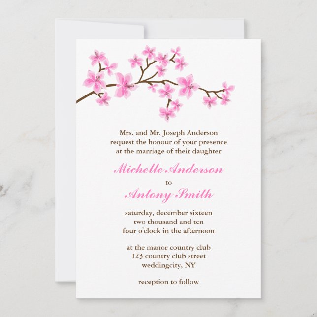 Pink Cherry Blossoms Wedding Invitation (Front)
