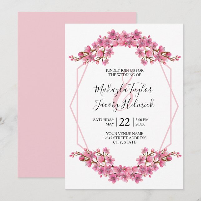 Pink Cherry Blossoms Wedding Invitation (Front/Back)