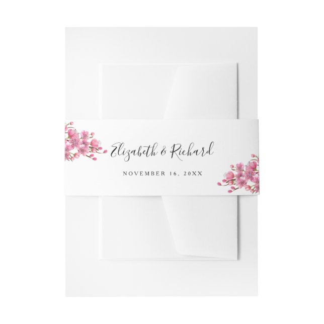 Pink Cherry Blossoms Wedding Invitation Belly Band (Front Example)