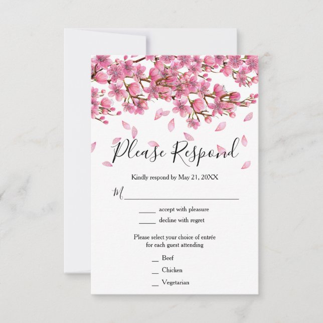 Pink Cherry Blossoms Wedding RSVP Card (Front)