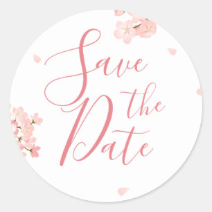 Pink Cherry Blossoms Wedding Save the Date Classic Round Sticker