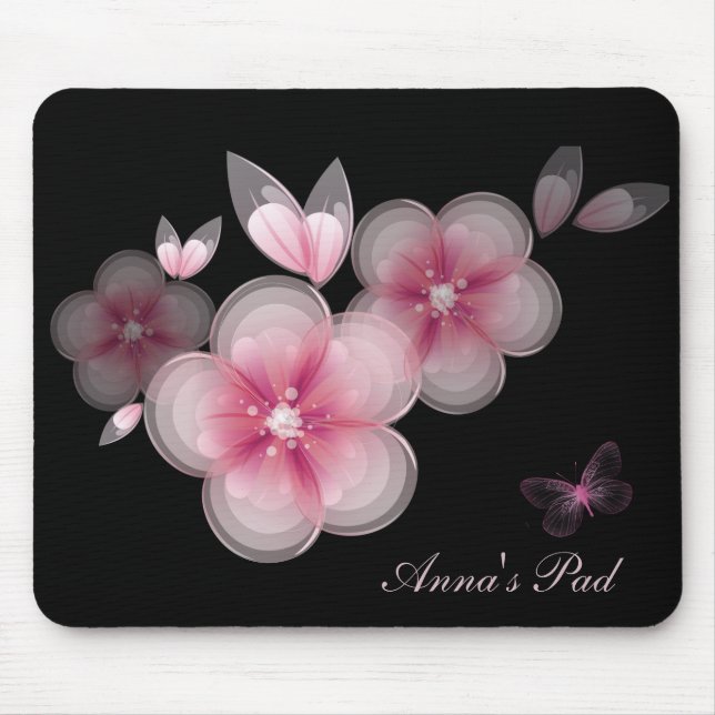 Pink Cherry Blossoms with Butterfly on Black Mouse Mat (Front)