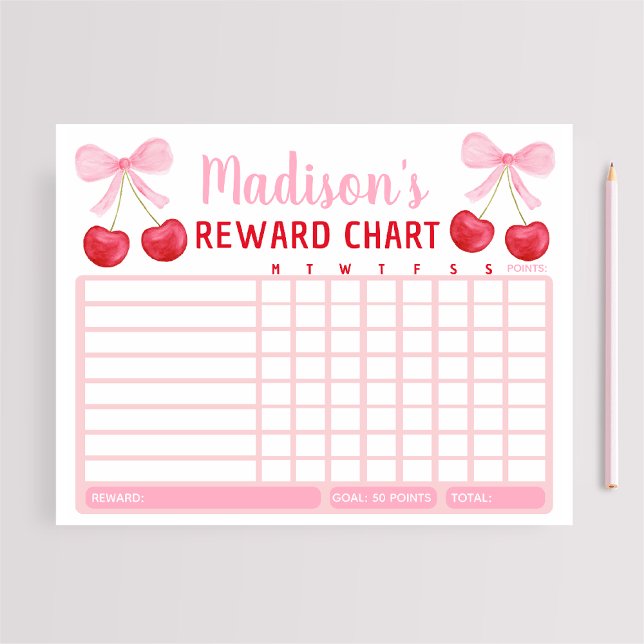 Pink Cherry Bow Girl Reward Chart Chore Chart Notepad (Creator Uploaded)
