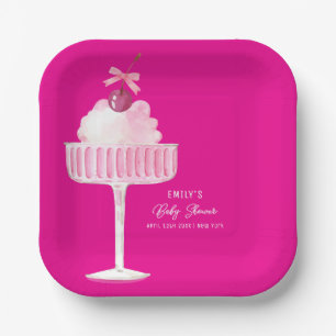 Pink Cherry Champagne Brunch Girl Baby Shower Paper Plate