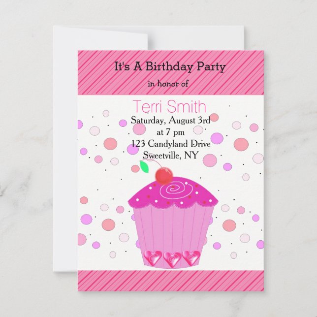 Pink Cherry Cupcake Birthday Invitation (Front)