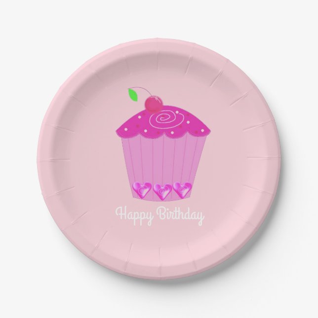 Pink Cherry Cupcake Paper Plate (Front)