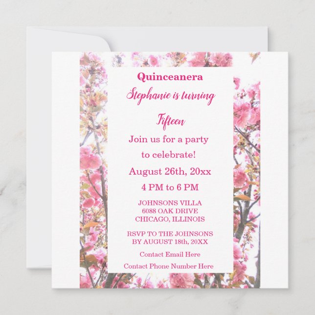 Pink Cherry Floral Quinceanera Fifteenth Birthday Invitation (Front)