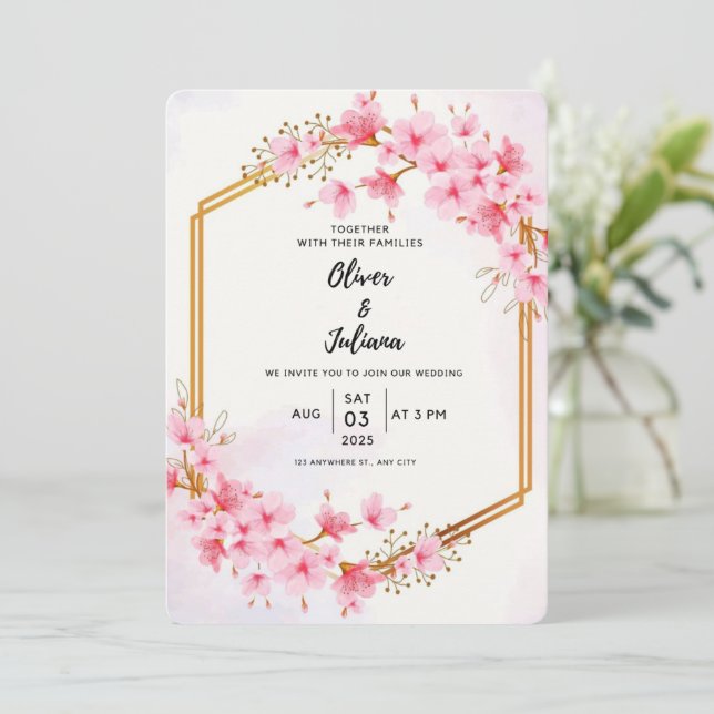 Pink Cherry  Floral Wedding  Invitation (Standing Front)