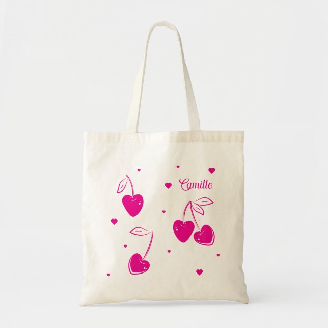 Pink Cherry Hearts Whimsical Cute Shape Name Tote Bag (Front)
