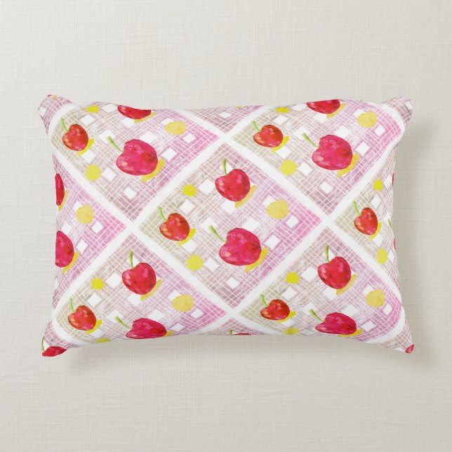 Pink Cherry on Soft Plaid Decorative Cushion (Front)