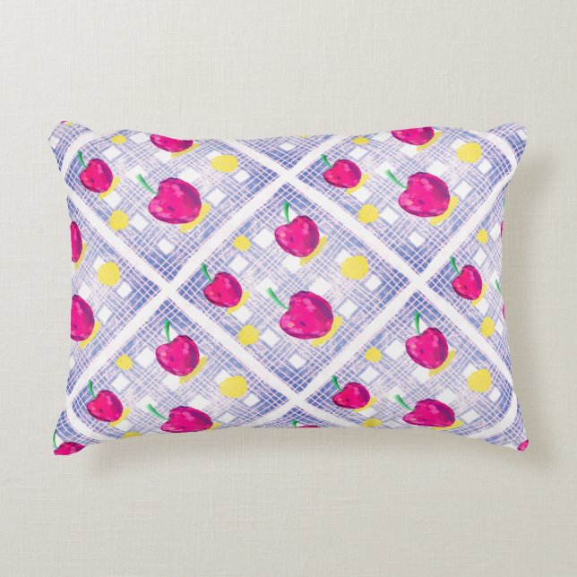 Pink Cherry on Soft Plaid Decorative Cushion (Front)