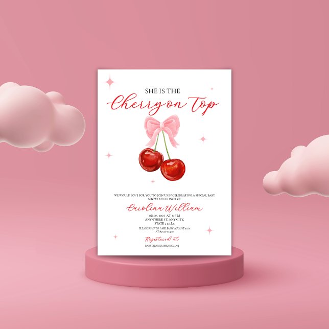 Pink cherry on top bow baby shower invitation (Creator Uploaded)
