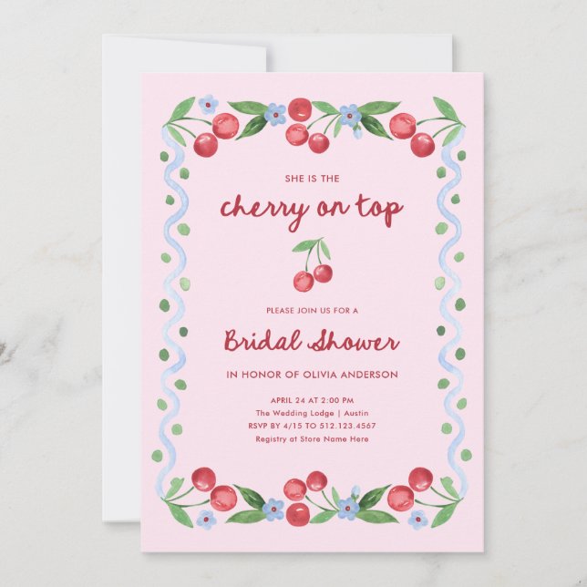 Pink Cherry on Top | Whimsical Retro Bridal Shower Invitation (Front)
