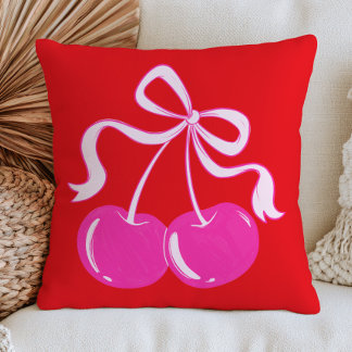 Pink Cherry on Vibrant Red Trendy Fruit Art Cushion