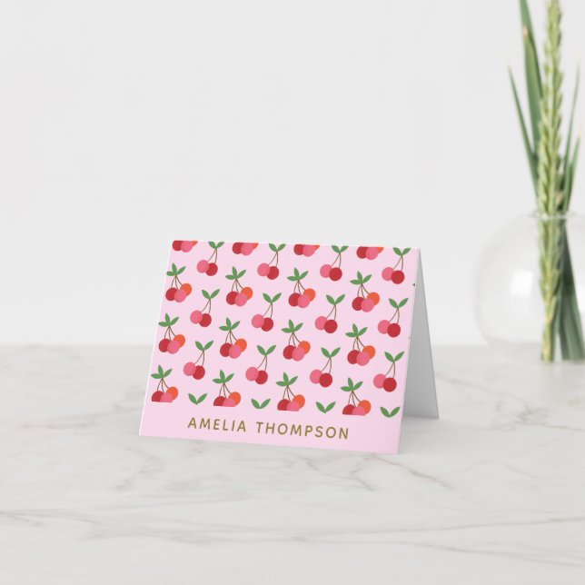 Pink Cherry Print Custom Name Coquette Summer Card (Front)