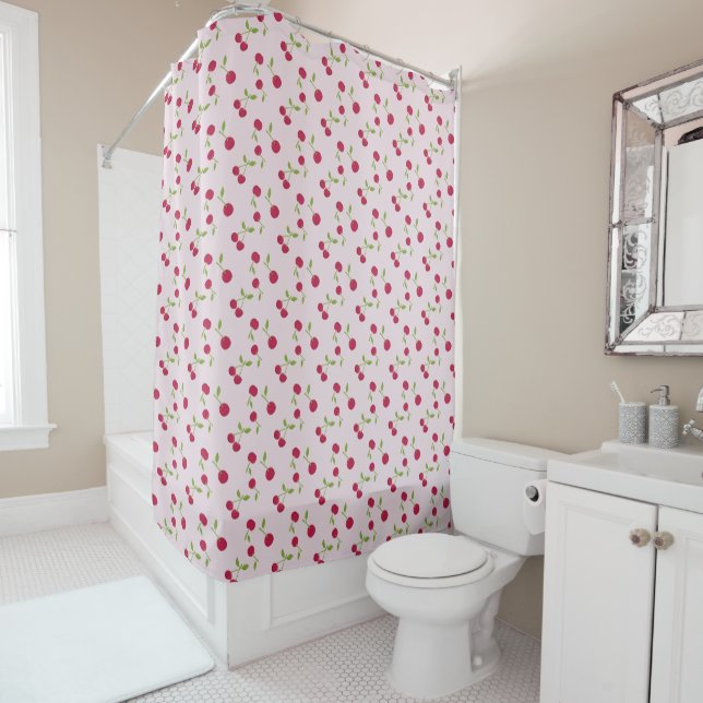 Pink Cherry Print Pattern Pink Cute Shower Curtain (In Situ)