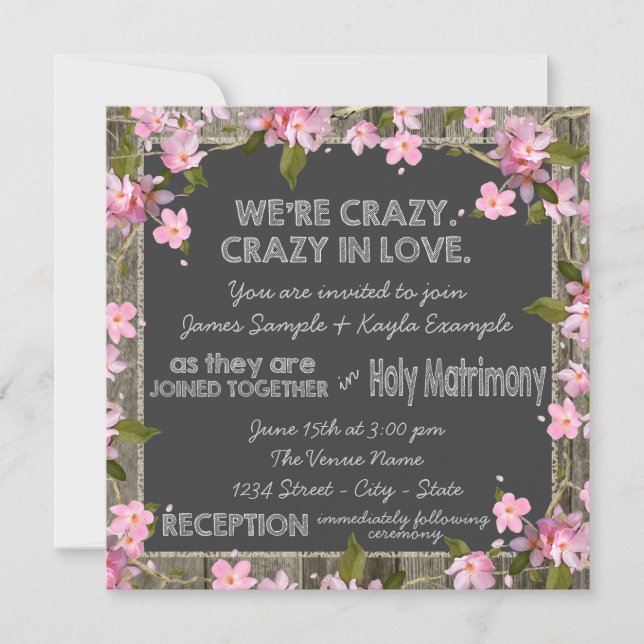Pink Cherry Rustic Barn Wood Chalk Wedding Invitation (Front)