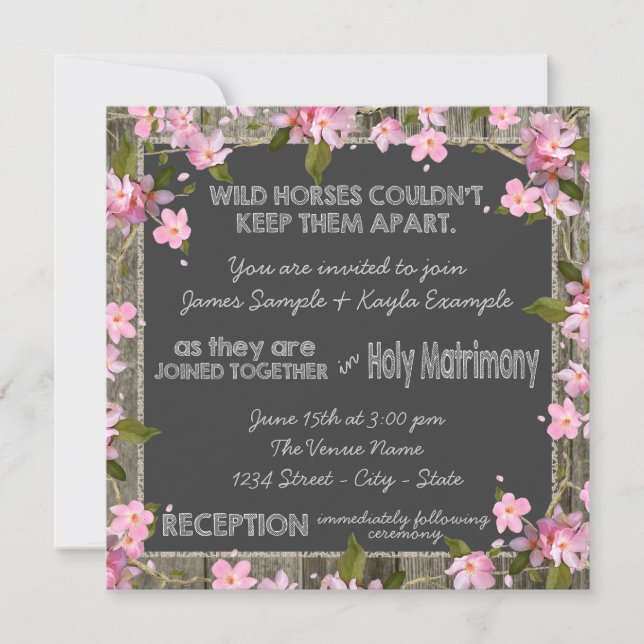 Pink Cherry Rustic Barn Wood Chalk Wedding Invitation (Front)