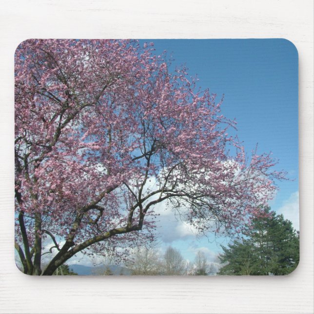 Pink cherry tree and blue sky, white clouds mouse mat (Front)