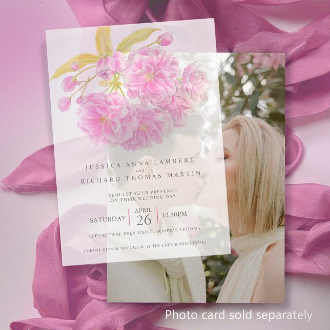 Pink cherry tree blossom watercolor photo wedding vellum invitations (Creator Uploaded)
