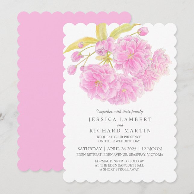 Pink cherry tree blossom watercolor wedding  invitation (Front/Back)