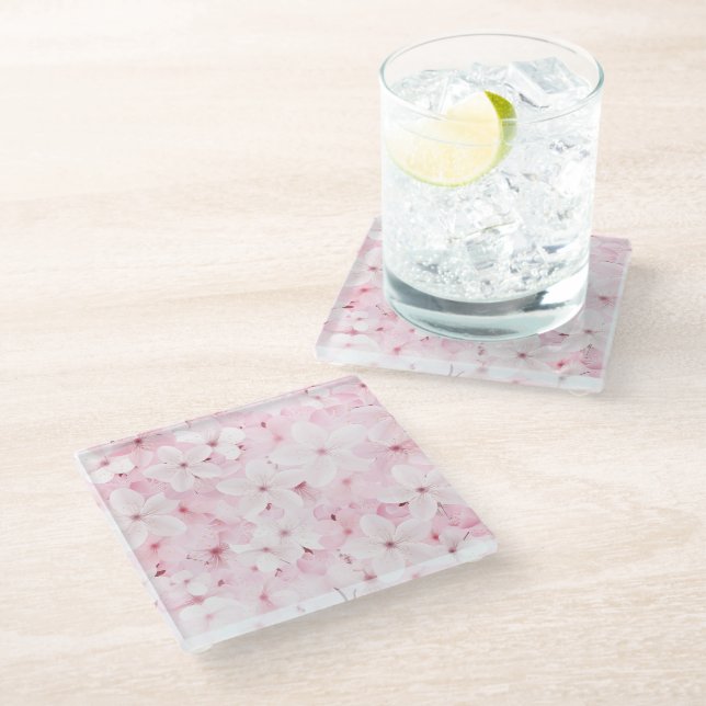 Pink Cherry Tree Blossoms Glass Coaster (Angled)