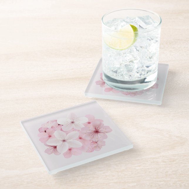Pink Cherry Tree Blossoms Glass Coaster (Angled)