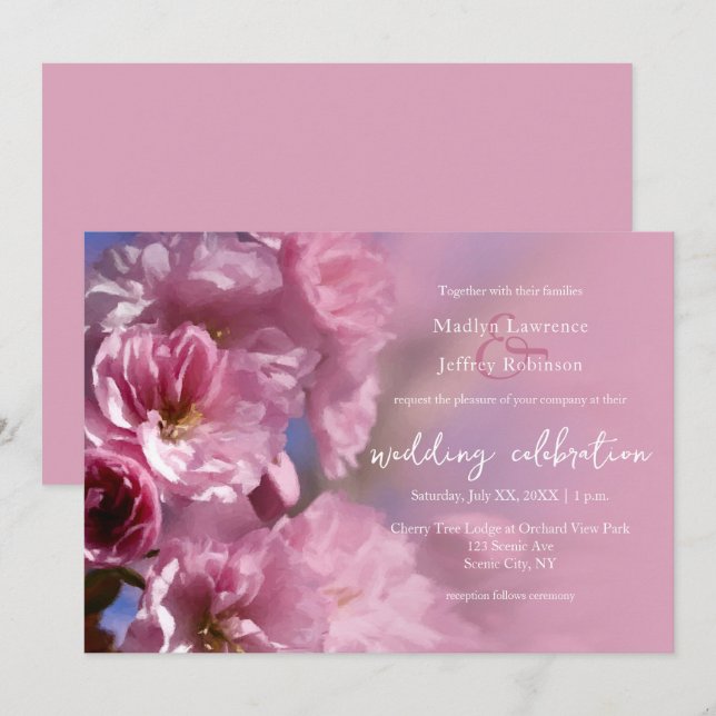 pink cherry tree blossoms spring wedding invitation (Front/Back)