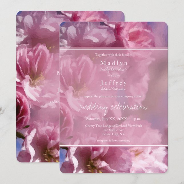 pink cherry tree blossoms spring wedding invitation (Front/Back)