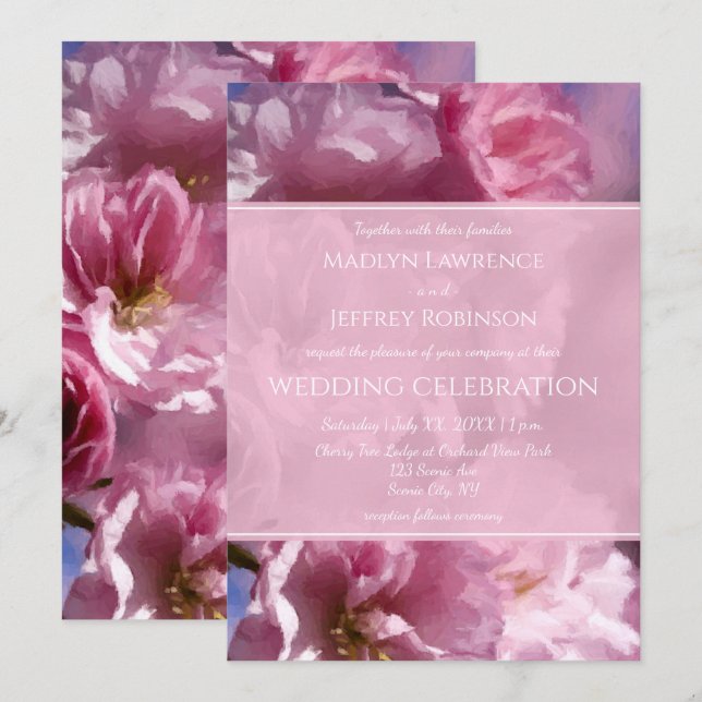 pink cherry tree blossoms spring wedding invitation (Front/Back)