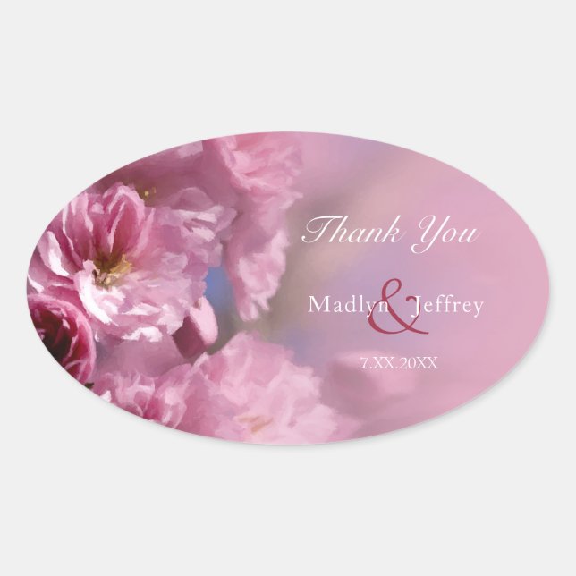pink cherry tree blossoms spring wedding oval sticker (Front)