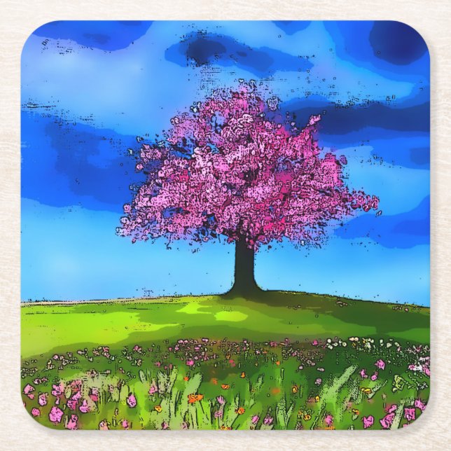 Pink Cherry Tree Square Paper Coaster (Front)
