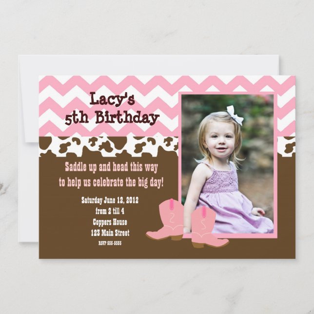 Pink Chevron and Cow Cowgirl Invitation (Front)