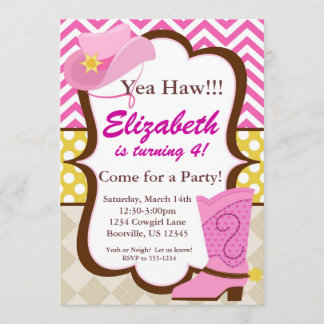 Pink Chevron and Cowgirl Boot Birthday Party Invitation