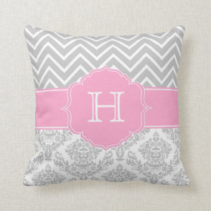 Pink Chevron and Damask Monogram Pillow