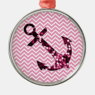 Pink Chevron and Sparkly Stars Anchor Metal Tree Decoration